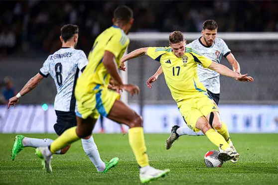 Swedish striker playing for his team.