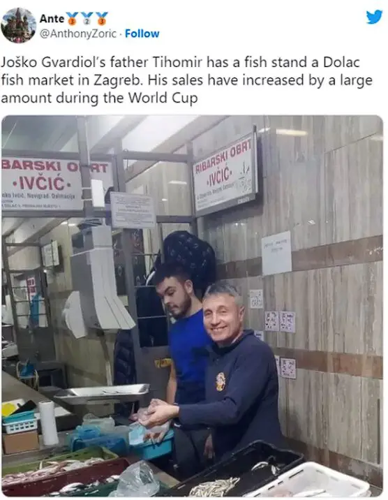 Josko Gvardiol’s father selling fish at Dolac Fish Market. 