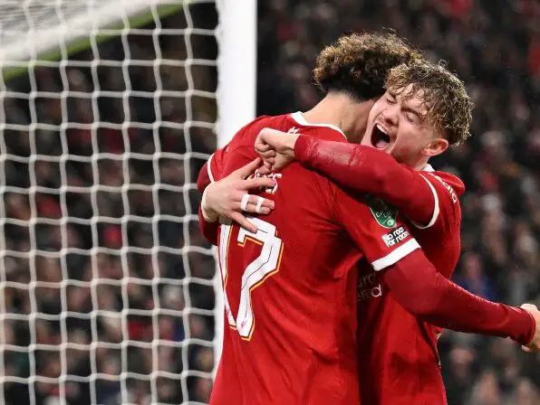 Harvey Elliott and Curtis Jones friendship on the field. 